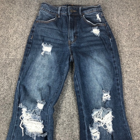 Almost Famous Distressed Flare Jeans Dark Wash High Rise Raw Hem Size 0 - Picture 3 of 12